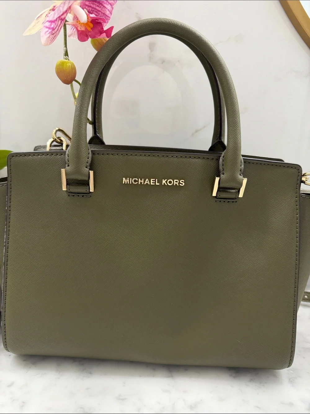Michael Kors Olive Green Saffiano Leather Satchel with Gold Hardware